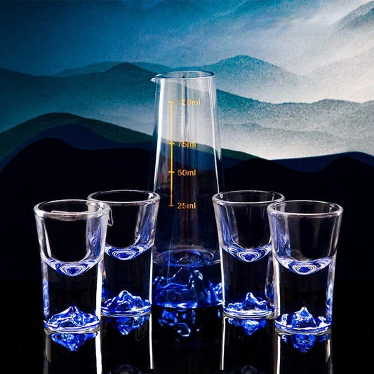 SearchFindOrder Gold Hill Cup Set / 100ml Zen Crystal Mountain Blue Set 1 Decanter, 4 Shot Glasses, and Bullet Vodka Glass