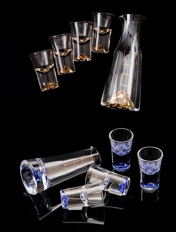 Japanese Crystal Sake Glass Zen Mountain Blue Set, 1 Decanter, 4 Shot Glasses, Bullet Vodka Glass