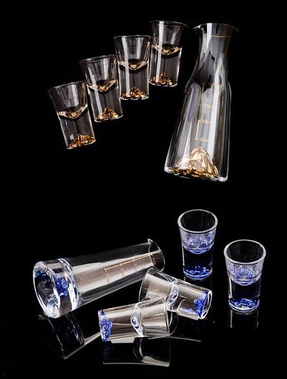 Japanese Crystal Sake Glass Zen Mountain Blue Set, 1 Decanter, 4 Shot Glasses, Bullet Vodka Glass